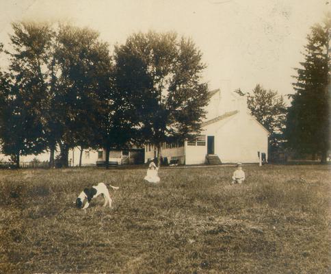 'Travellers' Rest' Lincoln County, Kentucky. Home of Gov. Isaac Shelby. Two children and a dog on lawn