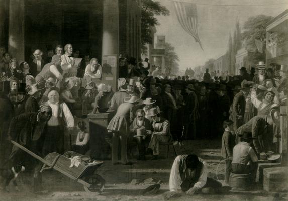 Photo of a painting, The Verdict of the People by George C. Bingham, photocopy of information about painting