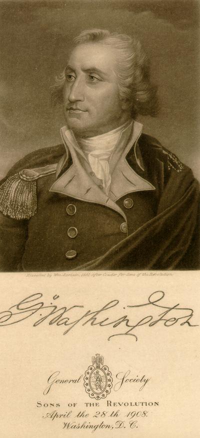 George Washington. General Society Sons of the Revolution April the 28th 1908 Washington, D.C. Mezzotint by Wm. Sartain, 1891, after Conder for Sons of the Revolution