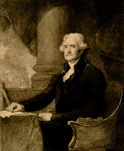 Th. [Thomas] Jefferson. From a painting from life by Gilbert Stuart, now in the Walker Art Building, Bowdoin College, Brunswick, Maine. It was painted on the order of the Honorable James Bowdoin, a friend and admirer of Jefferson. The signature is a facsimile of the one on the Declaration of Independence