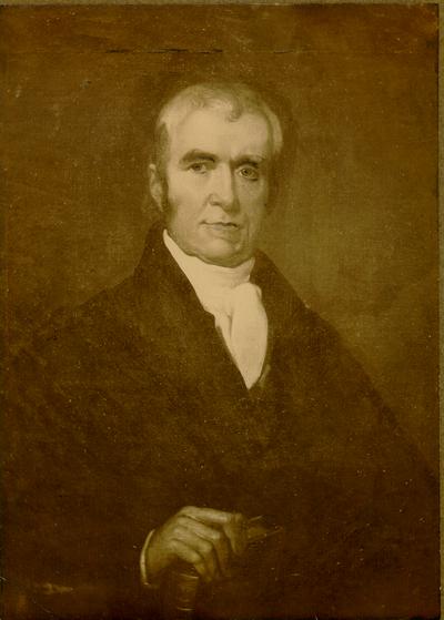 This photograph was taken by Jas. Mullen, photographer, of Lexington, KY, from an oil portrait of Chief-Justice John Marshall, painted from life by the artist James R. Lambdin, and now owned by Mrs. Thos. J. Carson, of 'Dixiana,' Fayette County, KY. (August 28th-Sept. 4th; 1901.)
