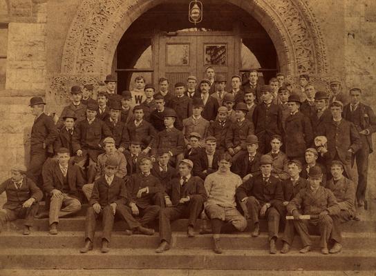Large group of young men on steps; Samuel M. Wilson is on right side of photo. Class of '94; Williams College. Junior year, 1892
