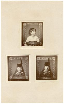 Three small images pasted to a carte de visite, upper image 