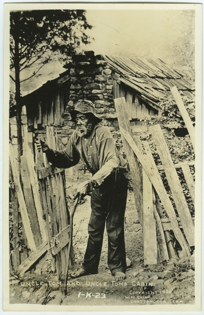 A postcard picturing Uncle Tom and his cabin; caption on postcard: 