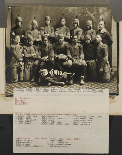 African American football team and coach E.J. Hooper at Oliver High School in Winchester, Kentucky ; written on photograph border, 