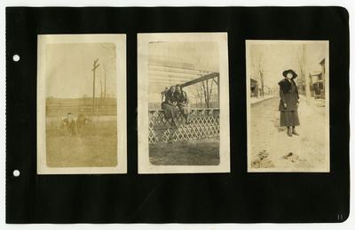 Page 11: Left- 2 unidentified females hiding in bushes; Center- the same 2 unidentified females sitting on a porch railing; Right- unidentified female standing outside