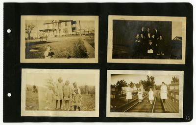Page 13: Top Left- unidentified toddler standing outside with a house in the background; Bottom Left- unidentified group of children standing outside; Top Right- unidentified group of men and women outside; Bottom Right- 4 females, 1 identified as Ethel Landis, standing outside on a railroad track