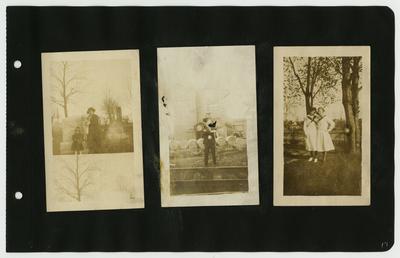 Page 17: Left- Ethel and unidentified children standing in the Woodbine Cemetary in Harrisonburg, Virginia; Center- unidentified male standing in front of the Polarine Motor Oil Company; Right- 2 unidentified females standing outside