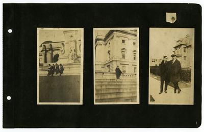 Page 1: Left- 4 unidentified females sitting outdoors in front of a monument; Center- Daniel R. Landis standing outside on steps in front of a large building; Right- 2 unidentified males standing outside. There is a fourth photo, small picture that has been cut, Daniel R. Landis's face