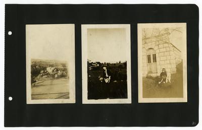Page 23: Left- 2 unidentified figures at a distance, standing on rocks outside; Center- Daniel R. Landis sitting outside; Right- 2 unidentified children standing in the Woodbine Cemetary in Harrisonburg, Virginia