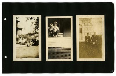 Page 25: Left- unidentified children standing outfront of a house with a motorcyle on the street; Center- Daniel R. Landis and unidentified male, standing on a front porch with drinks in hand; Right- Daniel R. Landis and unidentified male in the Woodbine Cemetary in Harrisonburg, Virginia