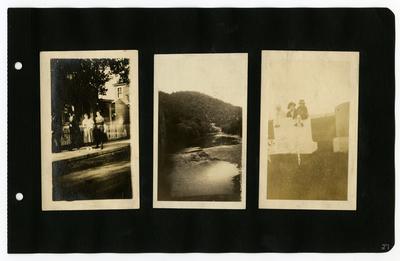 Page 27: Left- unidentified group of adults walking on the street in front of a house; Center- landscape scene; Right- Ethel Landis and two unidentified children in the Woodbine Cemetary in Harrisonburg, Virginia