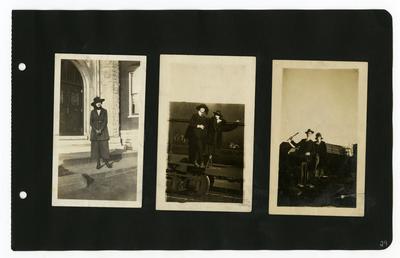 Page 29: Left- unidentified female standing outside; Center- unidentified couple standing on the side of a train; Right- same unidentified couple standing outside