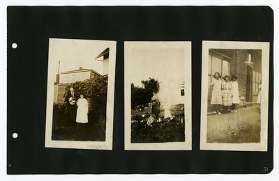 Page 31: Left- Daniel and Ethel Landis standing outside; Center- Ethel Landis standing in a cemetery; Right- 3 unidentified females standing in front of the Wise Brothers Shirt Manufacturers in Baltimore, Maryland