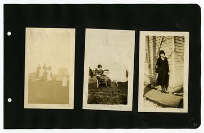 Page 33: Left- group with Daniel and Ethel Landis in the Woodbine Cemetary in Harrisonburg, Virginia; Center- Ethel Landis sitting in a chair and pointing at a gravestone; Right- Ethel Landis standing outside in front of the side of a house
