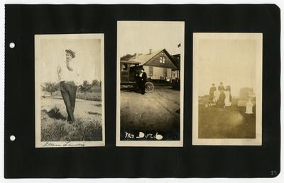 Page 39: Left- Daniel Landis standing outside; Center- unidentified female standing outside in front of a car; Right- group with Daniel and Ethel Landis in the Woodbine Cemetary in Harrisonburg, Virginia