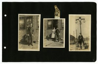 Page 3: Left- Daniel R. Landis as a young man, same image appears on page 61; Center- unidentified couple standing in front of a brick building; Right- Daniel R. Landis sitting on a bench under a street lamp, same image appears on page 9. There is a fourth photo, a cut out of Ethel C. Landis, Daniel's wife