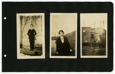 Page 41b: Left- unidentified male standing outside; Center- Ethel Landis standing outside; Right- unidentified male standing in front of the Harzard Ice and Storage building