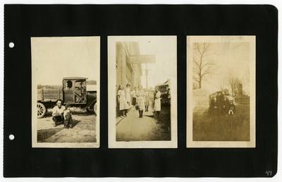 Page 47: Left- unidentified man and toddler standing outside in front of the truck, goes with photo on page 41; Center- unidentified group of females standing on front of the Wise Brothers Shirt Manufacturers in Baltimore, Maryland; Right- group with Daniel and Ethel Landis sitting in the Woodbine Cemetary in Harrisonburg, Virginia
