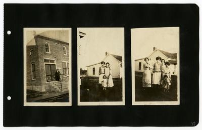 Page 49: Left- Ethel Landis standing on the stairs in front of a building; Center- 2 unidentified women with a little girl standing outside; Right- unidentified group of women with two small children