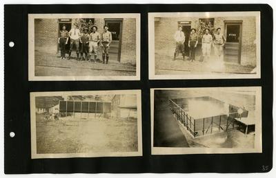 Page 55: Top Left and Right- group of unidentified men and Daniel Landis in front of a brick building with Office door; Bottom Left and Right- machinary