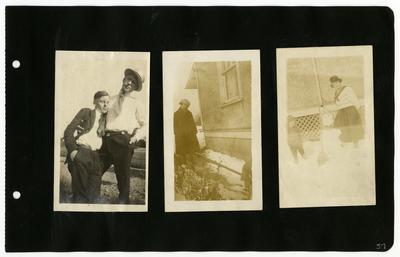 Page 57: Left- Daniel Landis and unidentified male standing outside; Center- Ethel Landis standing outside in the snow; Right- Ethel Landis and small child, most likely son Dick, standing outside in the snow with a snowman