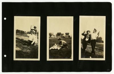 Page 59: Left- Daniel and Ethel Landis outside with bottles in hand; Center- unidentified man and baby outside on a blanket, similar images on page 59; Right- Daniel Landis and unidentified male outside with bottles in hand