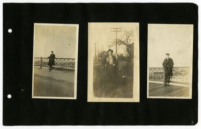 Page 5: Left- Daniel R. Landis standing outside in front of a railing; Center- unidentified female standing outside; Right- Daniel R. Landis standing in front of the same railing as the picture of the left