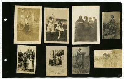 Page 63: Top Row- unidentified female standing outside; two unidentified females standing outside with finger in mouths; unidentified group; Ethel Landis sitting on a fence, same photo is on the bottom row. Bottom Row- Ethel Landis and woman called Mary; Ethel Landis and man called Bernard; Ethel Landis at a fence post, same photo on top row; 3 unidentified males with unreadable names scribble on top