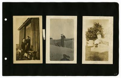 Page 67: Left- Daniel and Ethel Landis standing outside; Center- unidentified female standing at a fence; Right- unidentified female sitting on a headstone