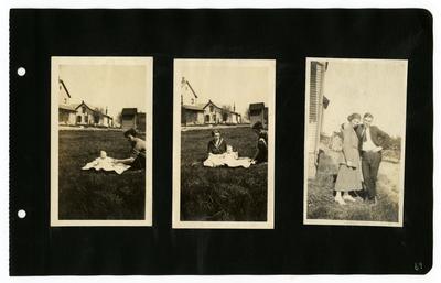 Page 69: Left- unidentified man and baby sitting on a blanket outside, similar image on page 59; Center- unidentified man and woman with baby on a blanket, similar to image to the left and on page 59; Right- unidentified man and woman standing outside with arms around each other