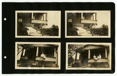 Page 71: Top Left and Right- unidentified man and woman sitting on their front lawn with a baby; Bottom Left and Right- unidentified woman sitting on a porch railing with a baby, same woman and baby with another woman and baby on porch rail