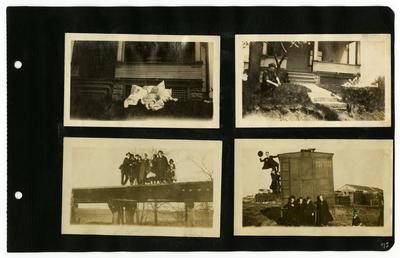 Page 73: Top Left- unidentified babies on a blanket in a front lawn of the same from page 71; Top Right- same unidentified couple with baby in the front lawn from page 71; Bottom Left- unidentified group standing on a bridge; Bottom Right- unidentified group standing by a train car, one man has climbed up the side