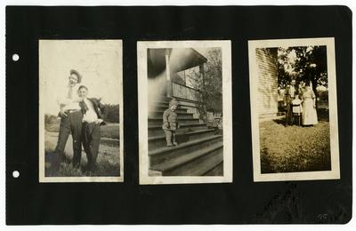 Page 75: Left- Daniel Landis and unidentified male standing outside; Center- unidentified toddler standing on steps of a house; Right- unidentified couple with child standing on a chair