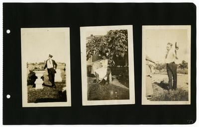 Page 77: Left- Daniel Landis standing outside; Center- Ethel Landis sitting in a chair outside, seductively undoing her robe; Right- Daniel Landis standing outside