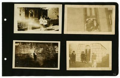 Page 79: Top Left- unidentified young males standing on a sidewalk; Top Right- unidentified couple sitting in a windowsill; Bottom Left- Ethel Landis standing in front of a large rock formation; Bottom Right- group with Ethel Landis at the Woodbine Cemetary in Harrisonburg, Virginia