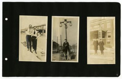 Page 9: Left- 2 unidentified males standing outside in front of a row of hourses; Center- Daniel R. Landis, same image appears on page 3; Right- 2 unidentified males standing outside with long jackets on
