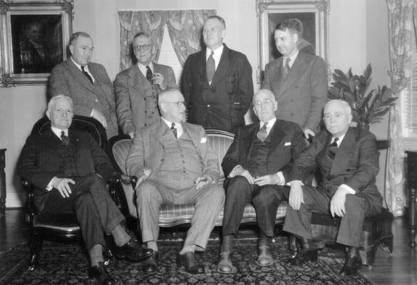 Book Thieves: 1942; Left to Right: J. Winston Coleman, Dr. J.S. Chambers, Dr. Claude Trapp, Otto Rothert, T.D. Clark; Seated: Judge Wilson, Chas. Staples, Dr. F.L. McVey, and Wm. H. Townsend
