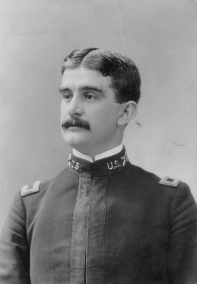 Studio portrait of John T. Geary (U.S. Army), first man from UK in regular army, as second lieutenant, 1898. Retired as bugadier general. Purdy. 146 Tremont St. Boston. La Corona