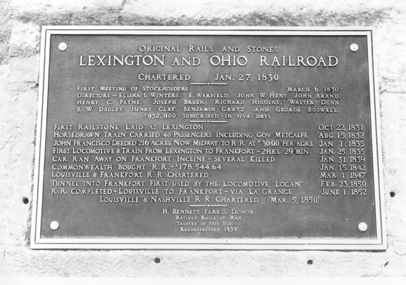 Close up view of tablet on historical marker, Lexington and Ohio Railroad