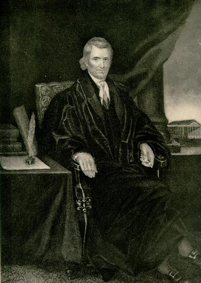 Published engraving of John Marshall: Chief Justice of the United States. Published by The National Corporation Reporter. In honor of 'John Marshall Day'