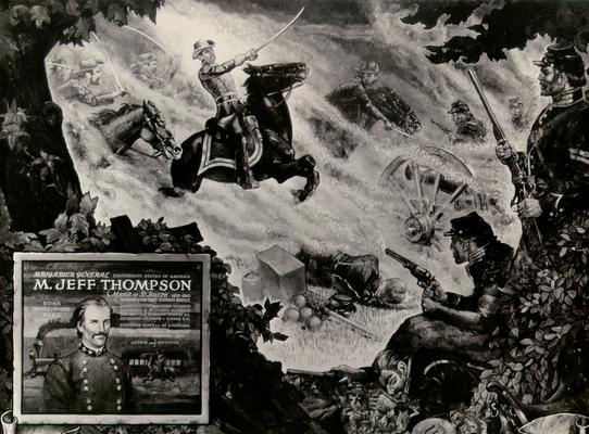 Photograph of mural depicting Missouri Swamp Fox, Brigadier General M. Jeff Thompson; Rec'd from George Gray, artist