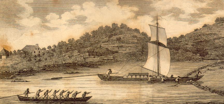 Engraving, A View of the Boats & manner of navigating on the Mohawk River. Publish'd by L. Riley, July 1810.; Rec. Dec. 3, 1932, A.B. Closson, Jr