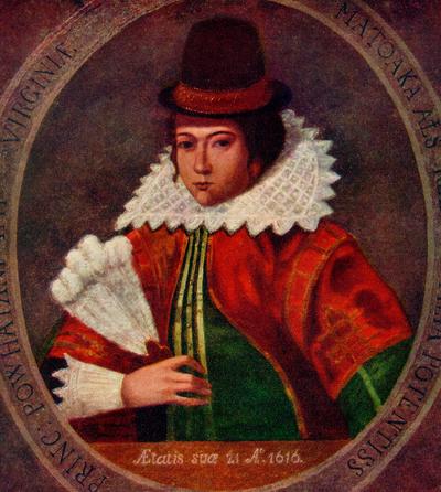 Copy of the original portrait of the Indian Princess Pocahantas, painted in England from life in 1616 (in color)
