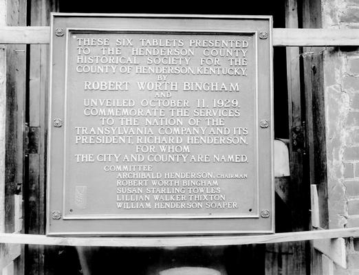 These six tablets presented to the Henderson County Historical Society for the county of Henderson, Kentucky, by Robert Worth Bingham and unveiled October 11, 1929. Commemorate the services to the nation of the Transylvania Company and its President, Richard Henderson, for whom the city and county are named