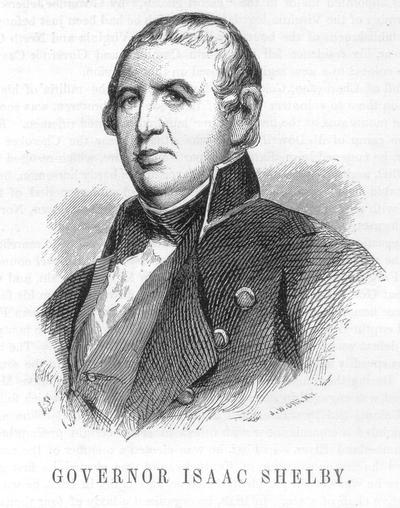 Governor Isaac Shelby, paper page from book, photograph of engraving and information about Shelby