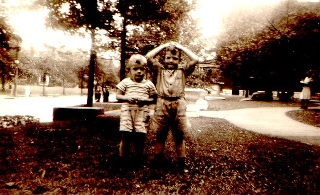 Sept. 1945. On kids' return from kindergarten. Two young boys