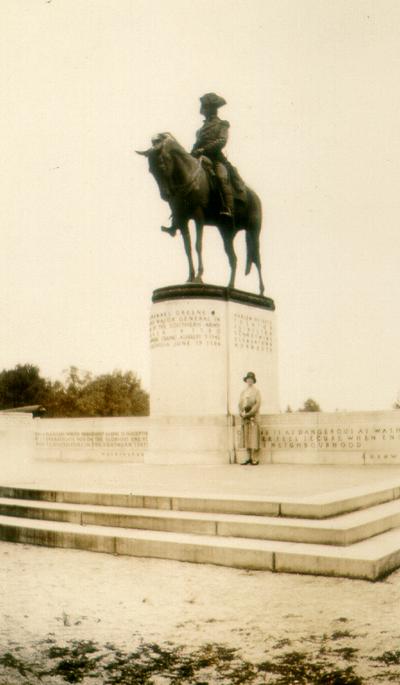 Mary Shelby Wilson in front of Nathaniel Greene Monument