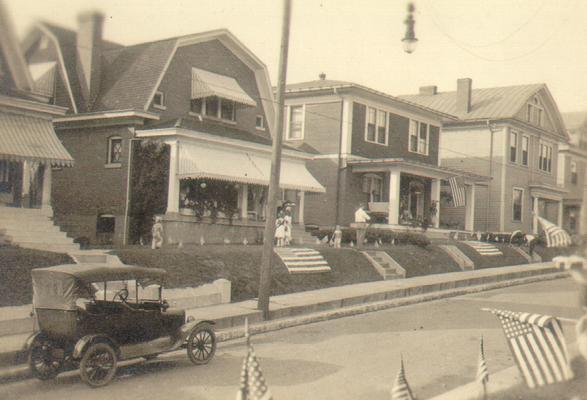 View of a street decorated with American flags