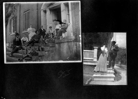Eight people on a porch (Shelby family?); Man and woman on steps